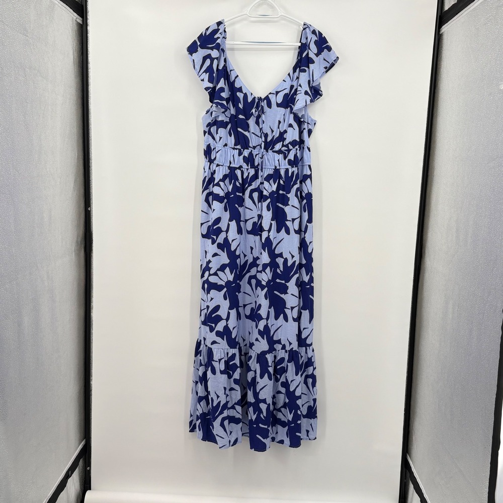 Nine West Womens XXL Blue Floral Ruffle Flutter Sleeve Tiered Maxi Dress 137125